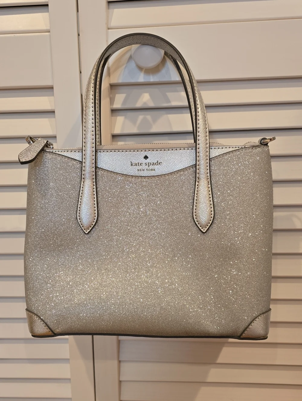 kate spade Silver Glitter Tote with Top Handles NWOT